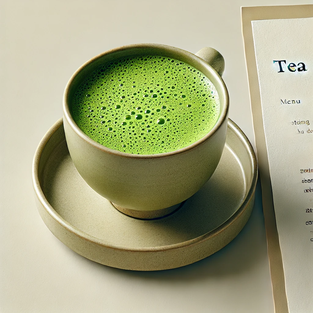 Matcha tea cup placed next to a tea menu. The cup is made of ceramic, with a frothy, bright green matcha tea inside.