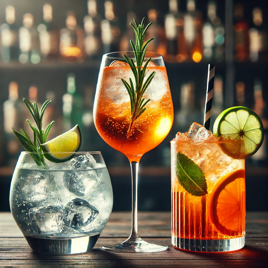 Three cocktail glasses side by side, each filled with a classic cocktail. The first is a Gin and Tonic in a large balloon glass with clear sparkling, tequila glass