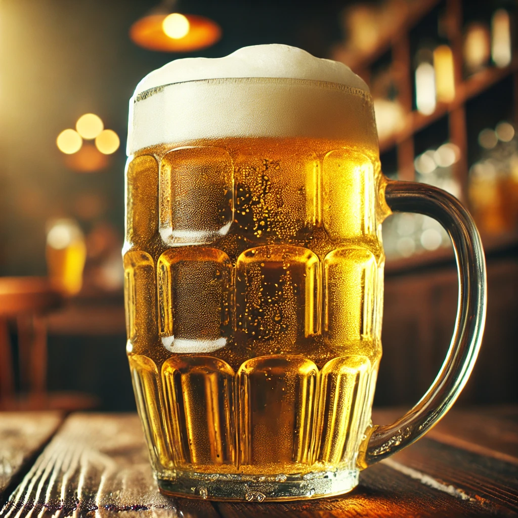 A large glass mug of draft beer, filled to the top with frothy golden beer. The glass is transparent with condensation on the outside