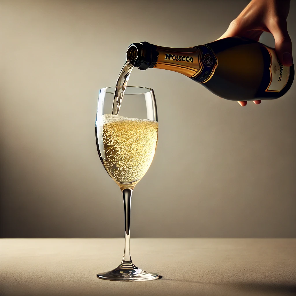 A glass of prosecco is poured from a bottle, captured in a refined and elegant style. The prosecco is sparkling, with bubbles rising in the tall